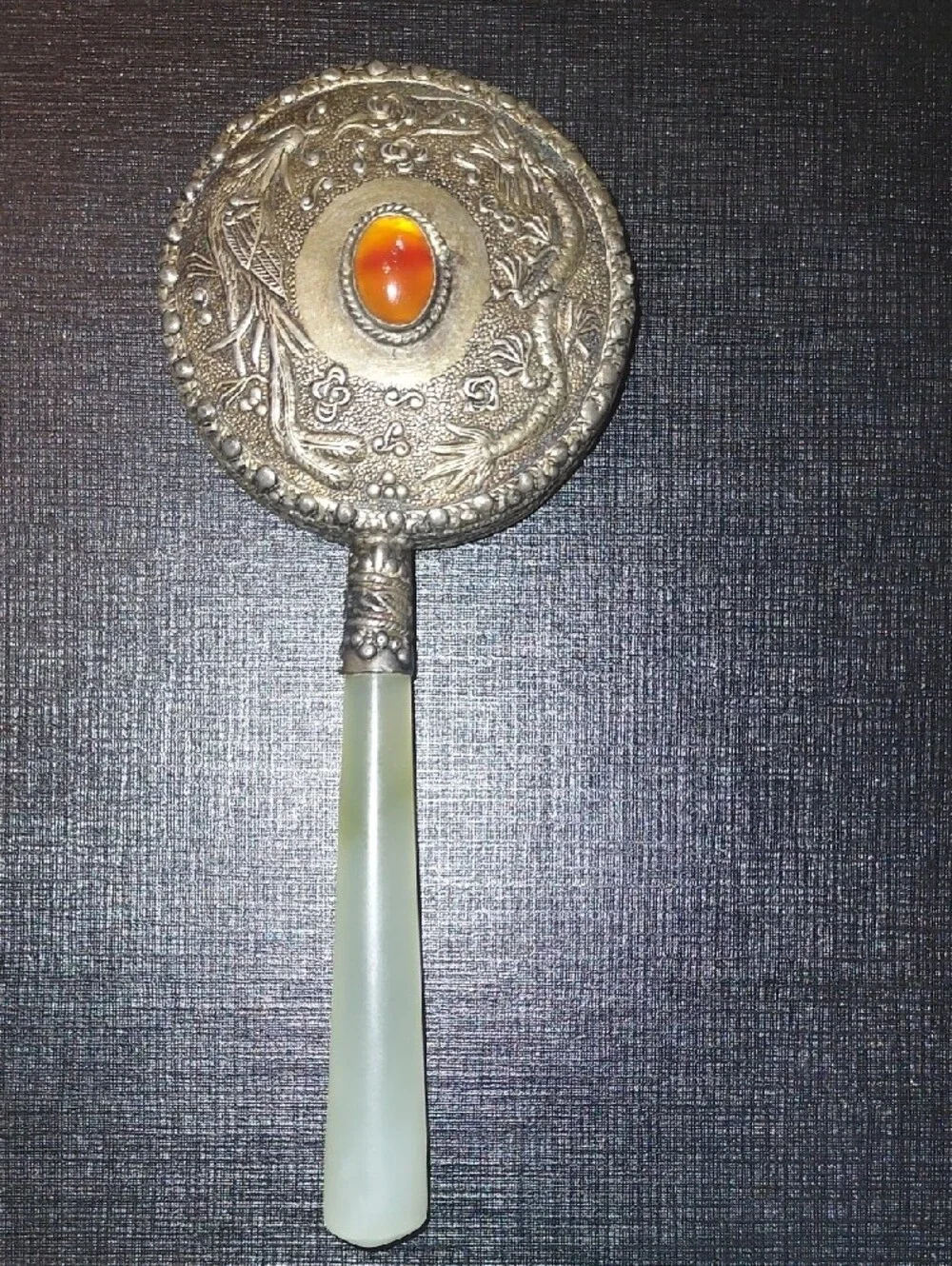 Vintage Chinoiserie Jade Handle Dragon Mirror Carnelian Silver Vanity Antique - Picture 12 of 12